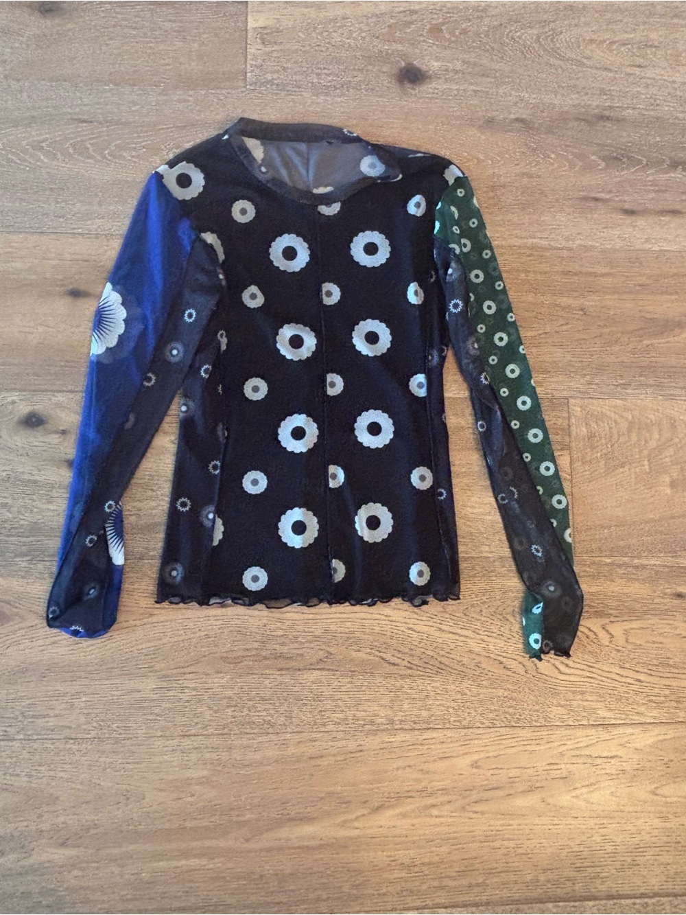 Women's Floral Mesh Long-Sleeve Top - Black with Blue & Green Sleeves